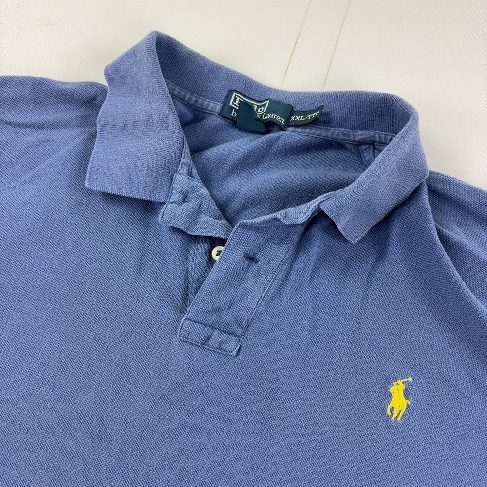 Vintage Ralph Lauren Polo Shirt Mens 2XL Blue Knit Short Sleeve Yellow Pony